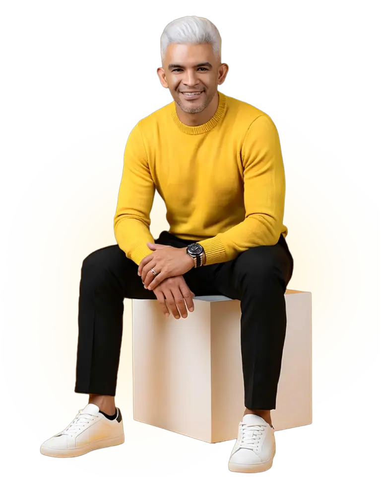 Portrait of Aws Hussein, Co Founder and Managing Director of TSMEMJE and RSMAT Printing, against a golden background 